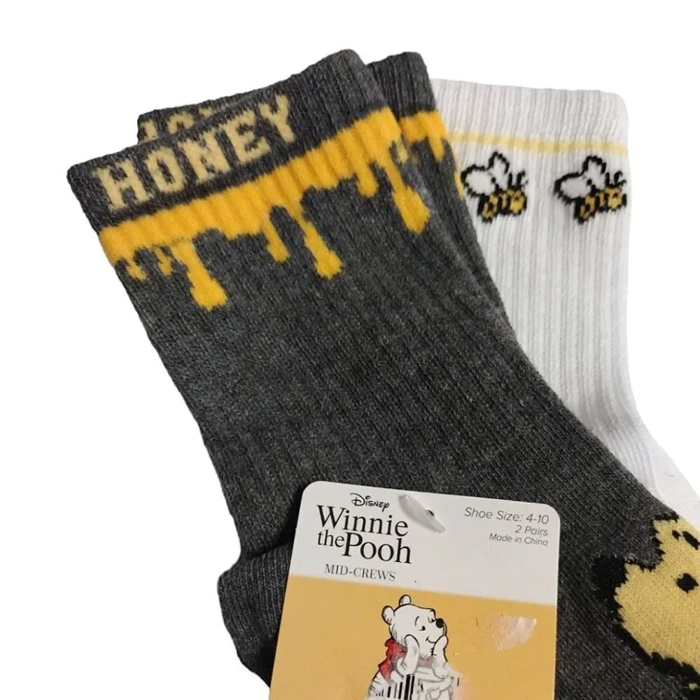 Disney Winnie The Pooh 2 Pack Grey and White Mid‎ Crew Socks NWT